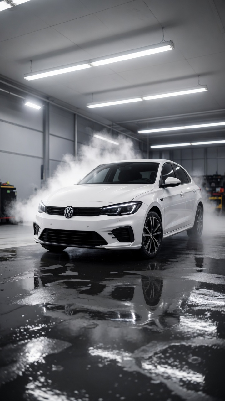 Volkswagen branco num espaço de lavagem, com vapor e chão molhado. Imagem de referência visual.